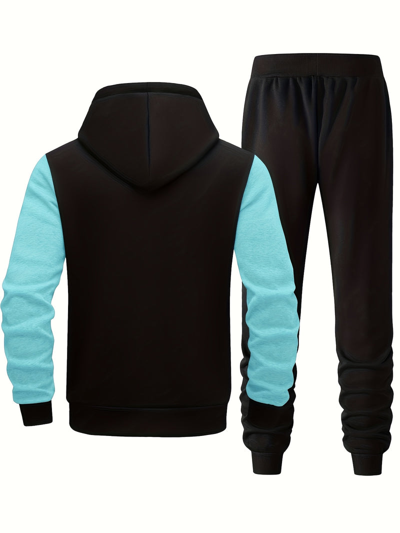 Men's Hooded Sweatshirt with Letter Print, Two-Piece Sports Running Outfit.
