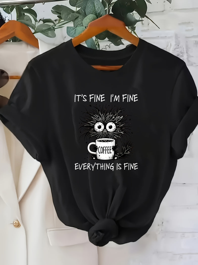 Women's Cat Print Round Neck Short Sleeve T-Shirt.
