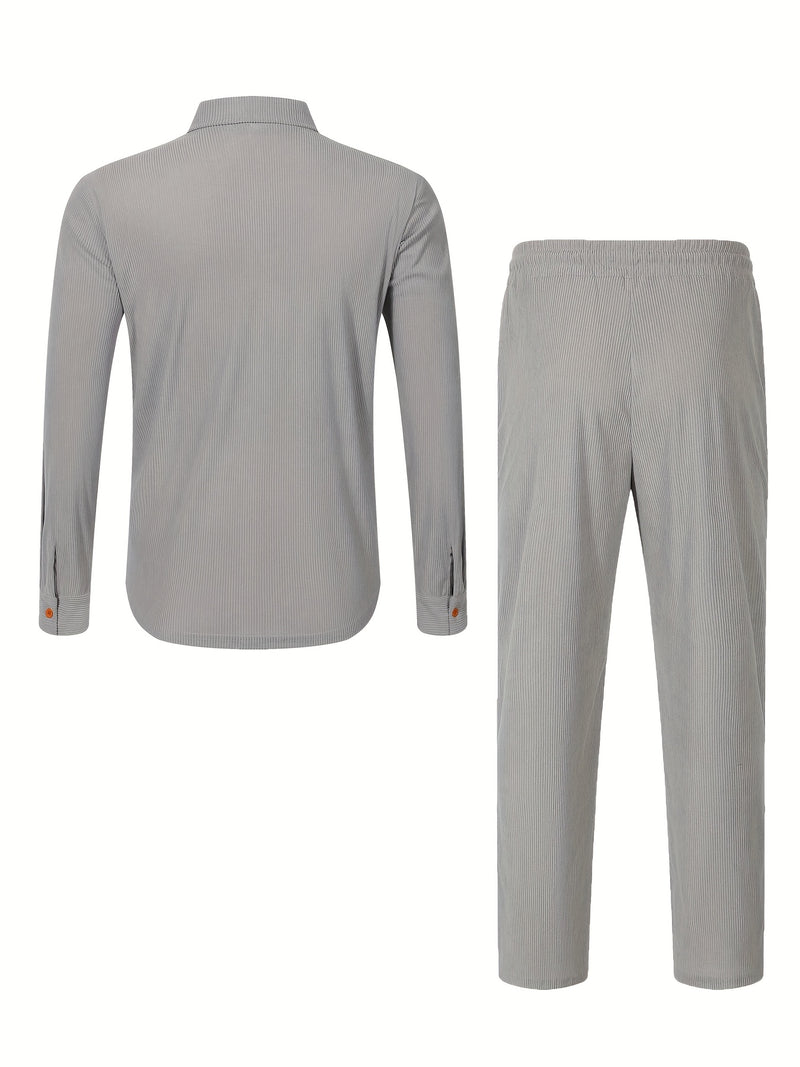 Men'S Casual Two-Piece Set - Olive Green Corduroy  Shirt & Pants.