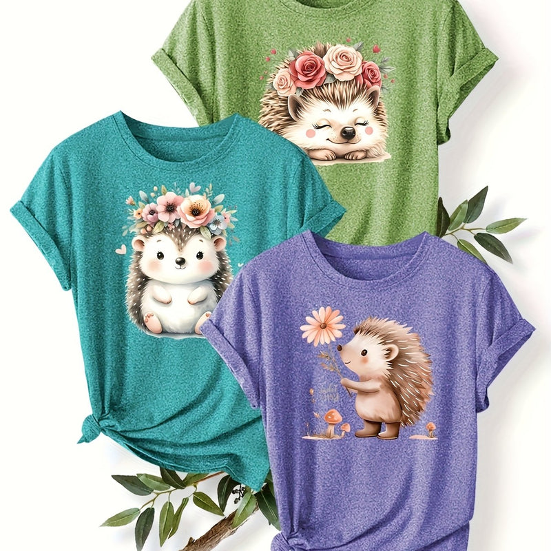 3pcs Women's Cute Hedgehog Graphic T-Shirts.