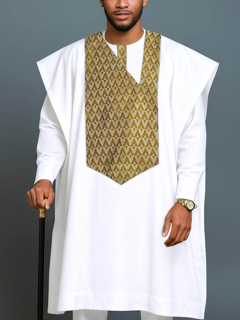 Men's Agbada Three-Piece Set, Round Neck, Hidden Buttons.