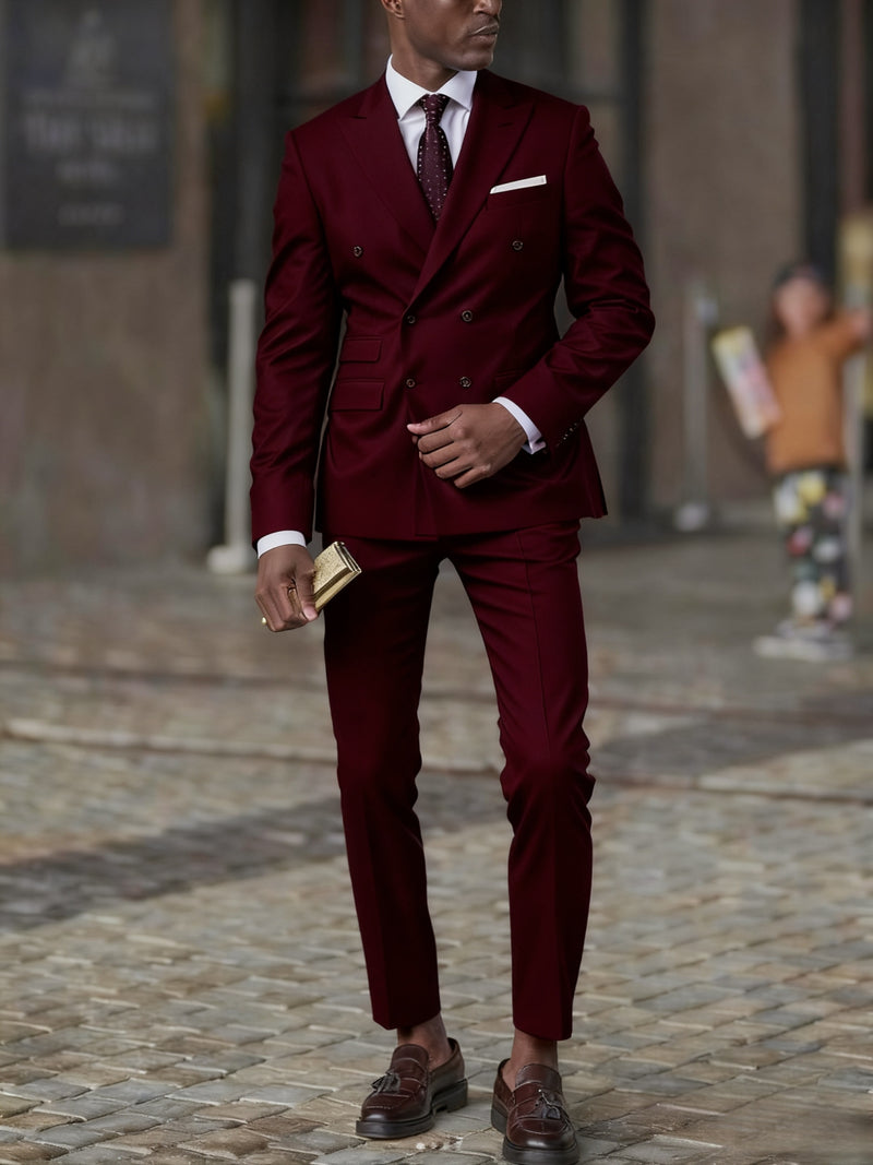 2pcs Men's Slim-Fit Burgundy Wedding & Business Suit Set.