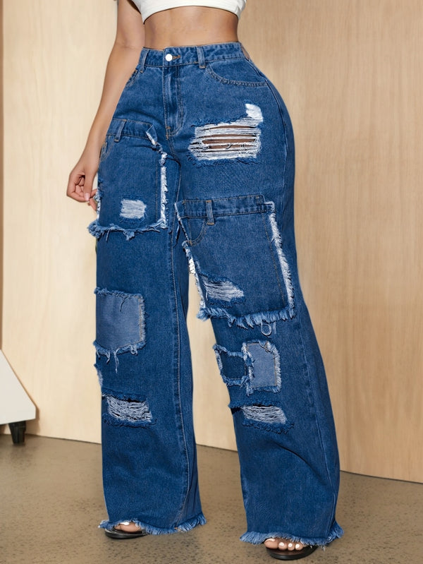 Plus-Size Women's Ripped Denim Long Pants.