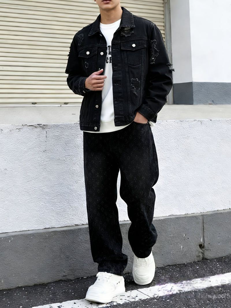 Men's Black Vintage-Washed Denim Two-Piece Set.