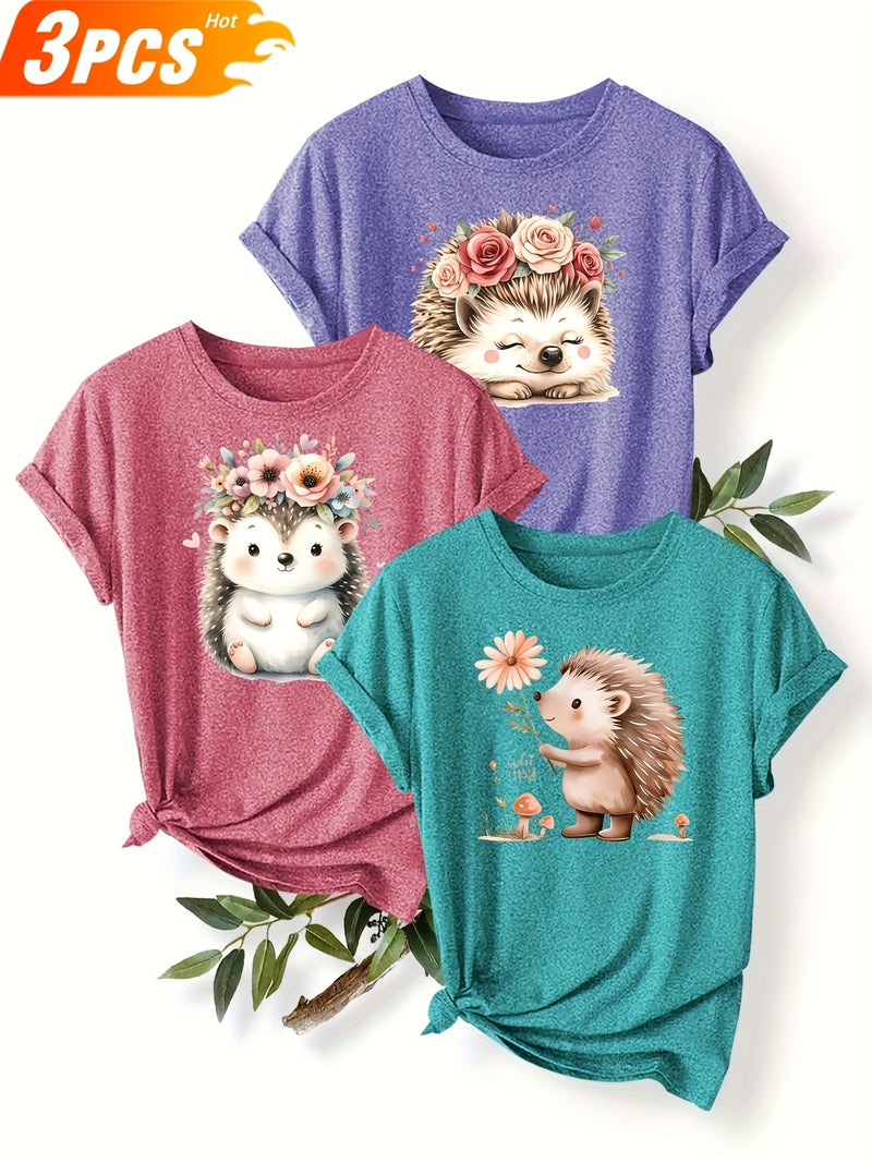 3pcs Women's Cute Hedgehog Graphic T-Shirts.