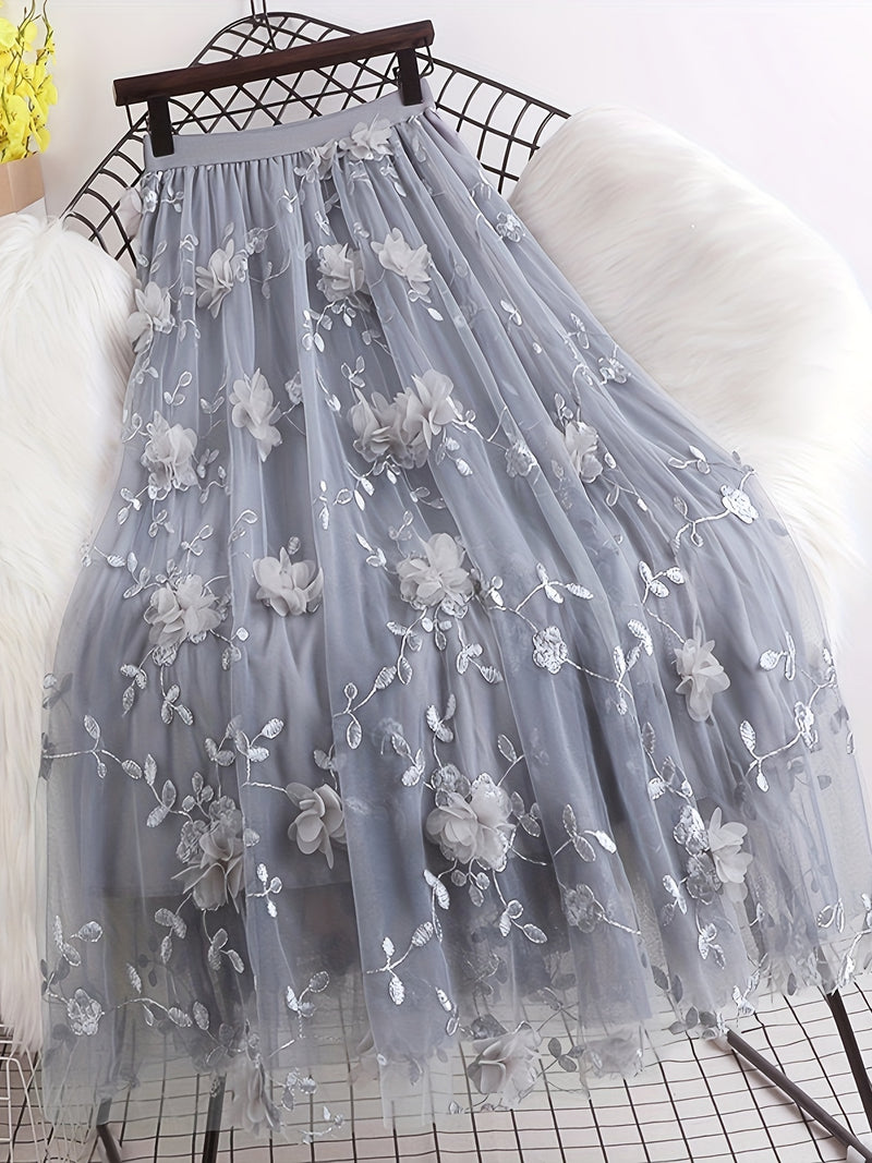 Women’s Double-layer Mesh Flared A-line Embroidered Floral Skirt.