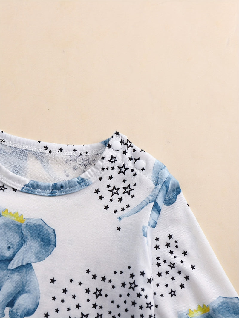 Cute Baby Elephant Water Play Pattern Long-Sleeve Romper.