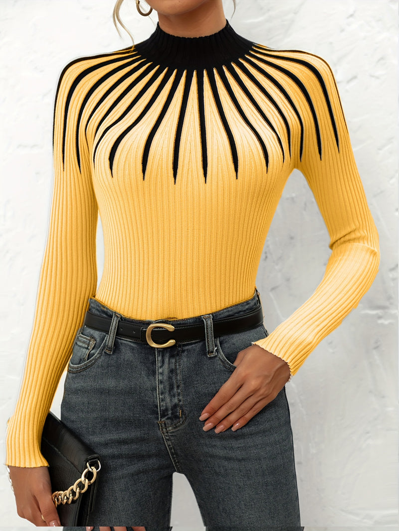 Women's Color Block Ribbed Elegant Long Sleeve Pullover.