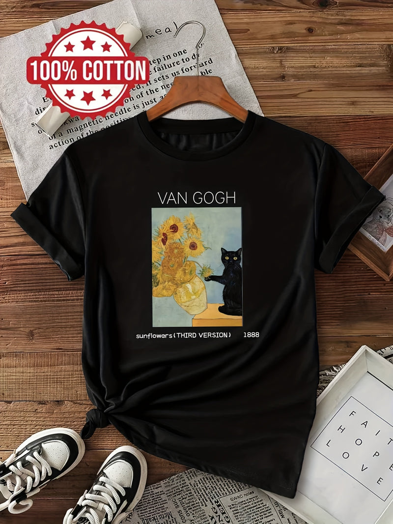 Women's Van Gogh Sunflowers & Black Cat Art Print T-Shirt.