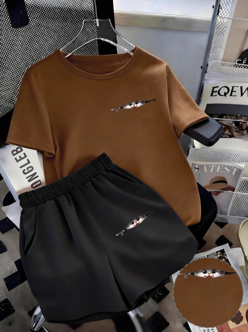 Women's Trendy Casual Sports Short-Sleeve Top And Shorts Set.