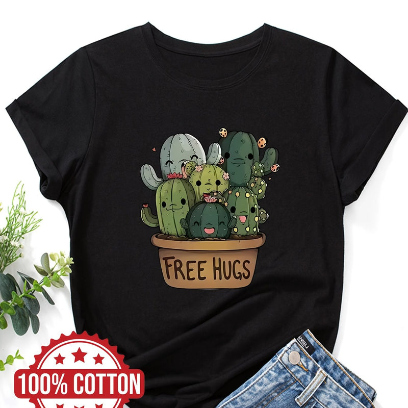Women's "Free Hugs" Slogan T-Shirt.