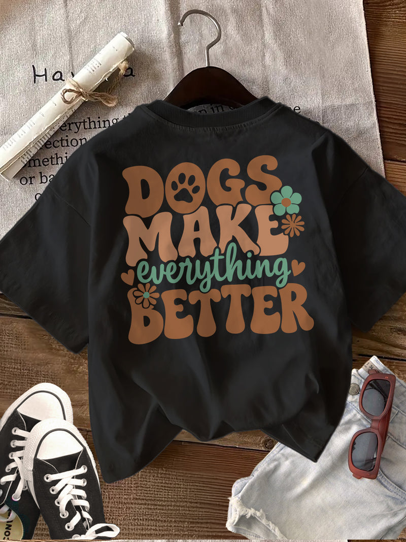 Women's Top Retro Style Paw Print Flower Dogs Make Loose Daily.