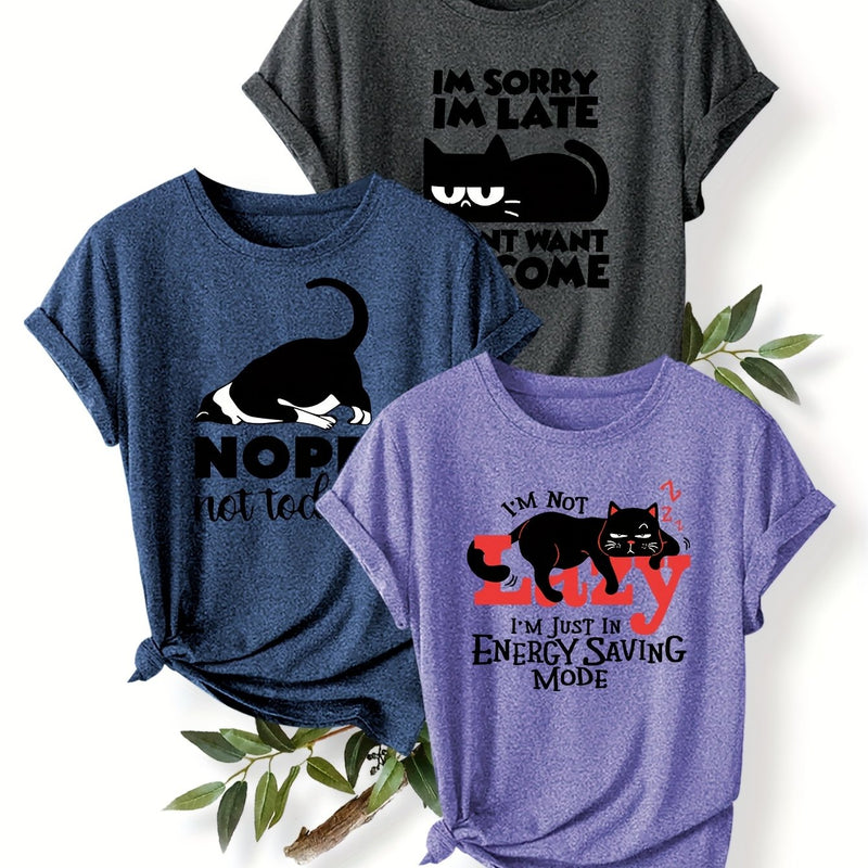 3pcs Women’s Featuring a Round-Neck Short-Sleeve T-Shirt.