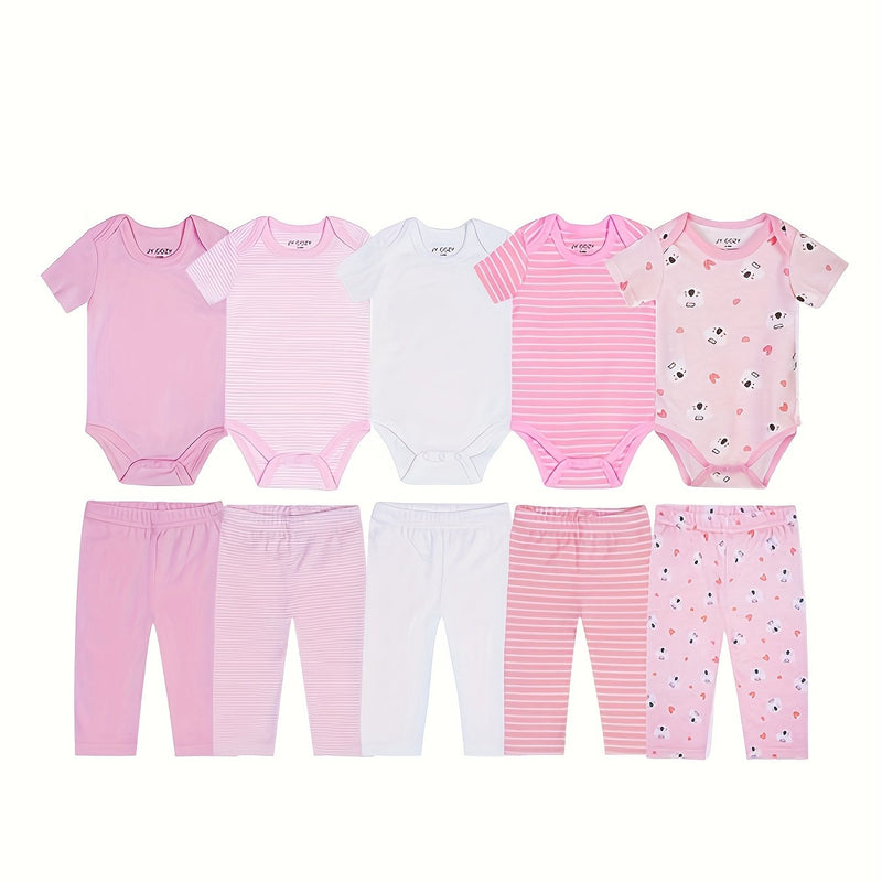 5pcs Baby Bodysuit Set with 5 Pairs of Newborn Pants, Girls Clothing Outfit.