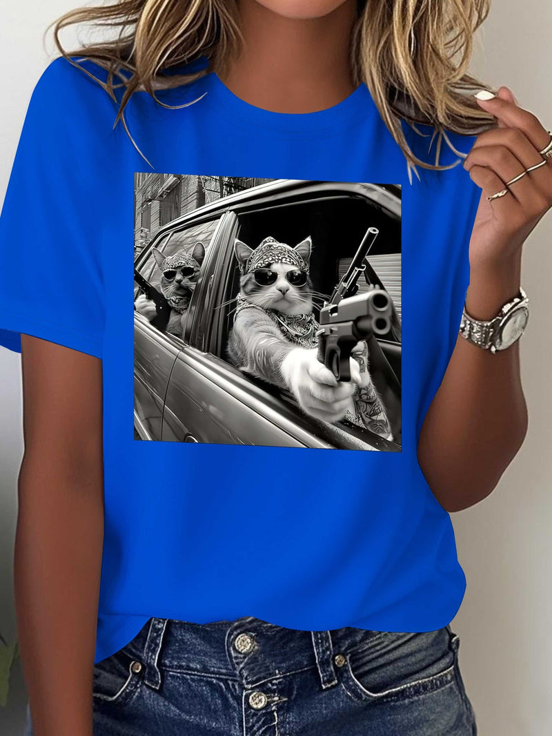 Women's Pure Gangster Cat Print T-Shirt.