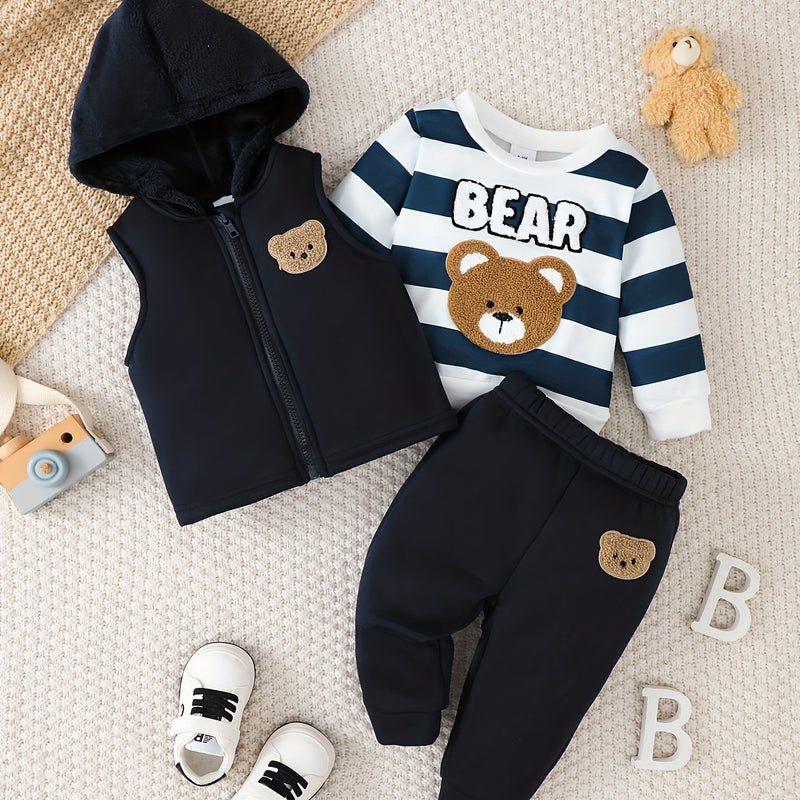 3pcs Boys Cute Bear Embroidery and Striped Print Long-Sleeve.