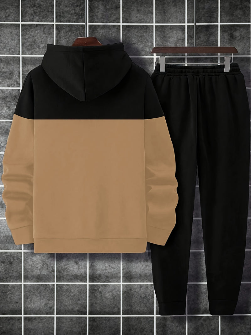 Men's Autumn And Winter Letter Print Spliced Drawstring Hoodie Sports.