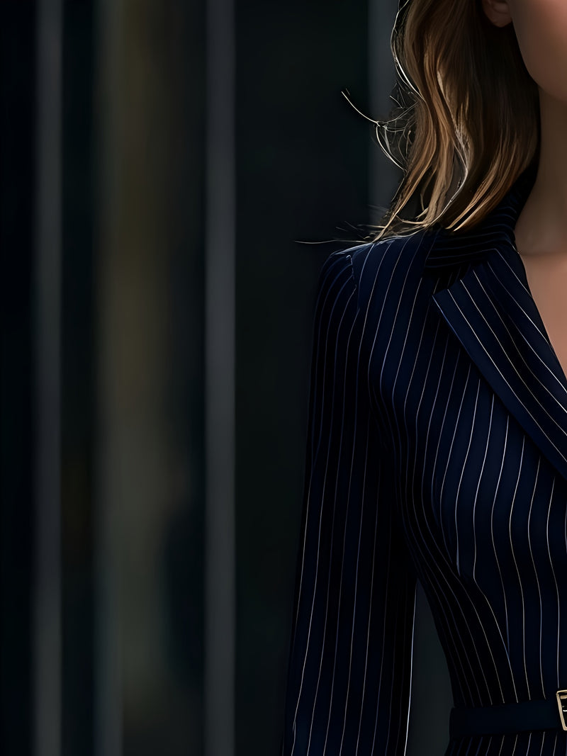 Women's Elegant Vertical Striped Dress with Removable Belt.