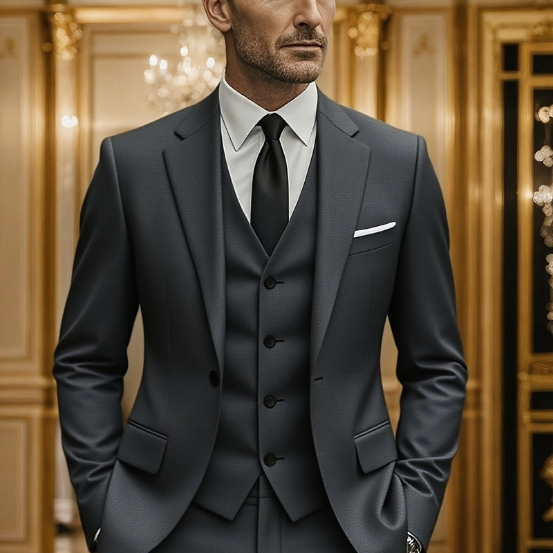 3pcs Suit Set for Men, Single-Breasted One-Button Black Suit And Trousers Set.