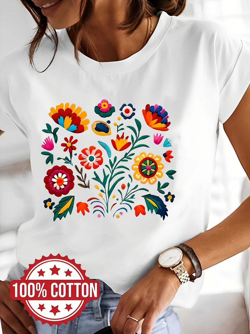 Women’s Casual Short-Sleeve T-Shirt with a Floral Graphic Print.