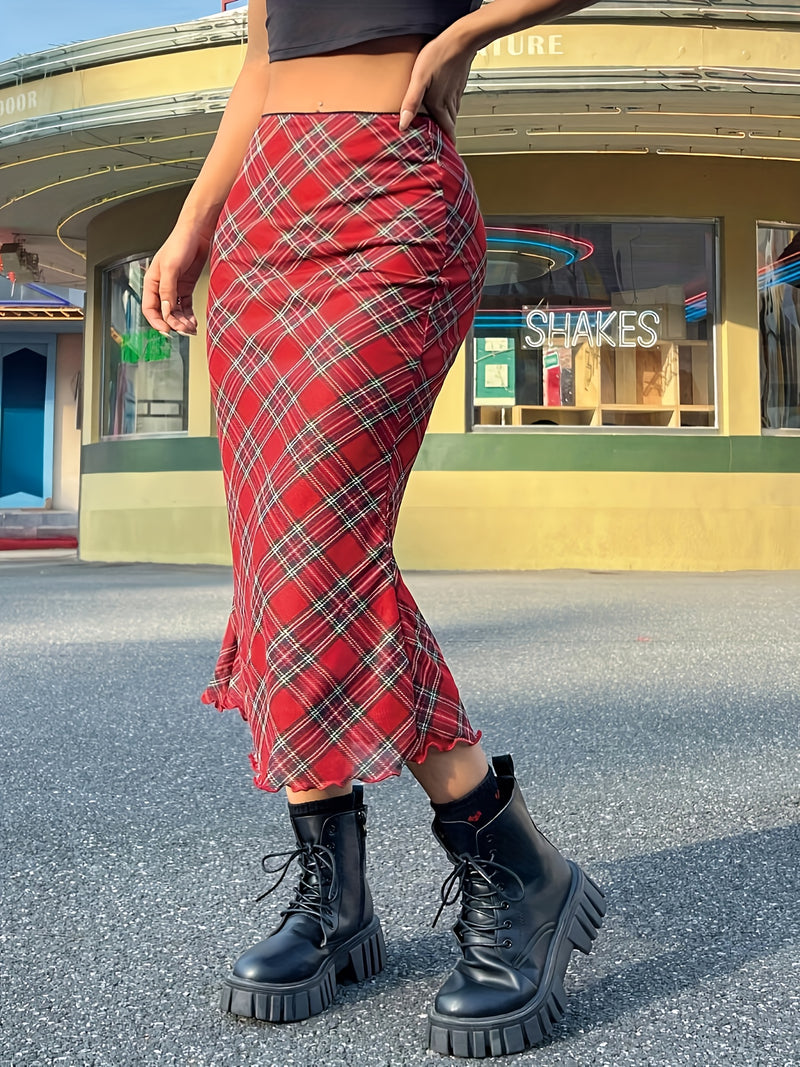 Women's Spring/Summer Floral Ruffle Hem Midi Skirt with Plaid Print.