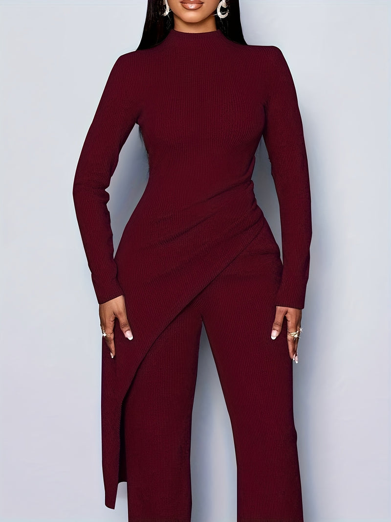 Women's Elegant Solid Color Fleece Ribbed Asymmetric Hem Top Paired with Flared Pants.