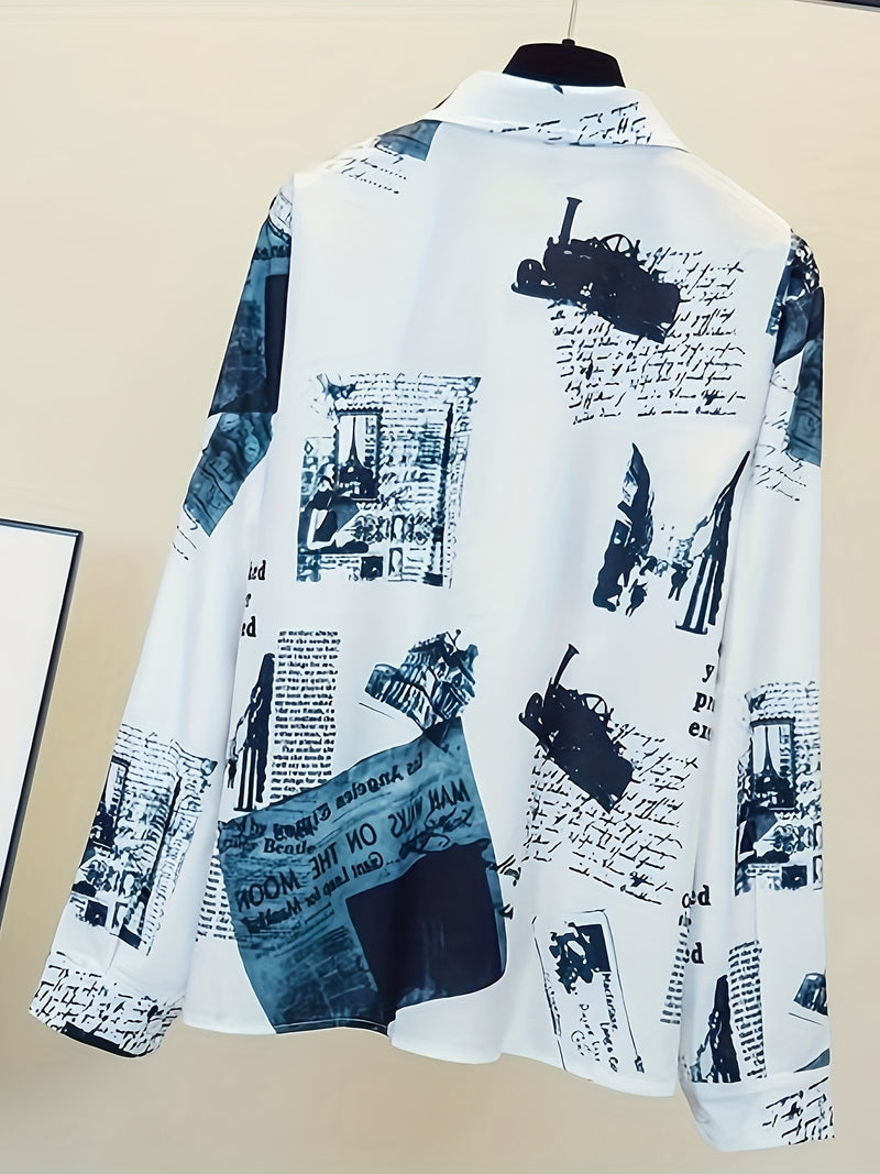 Women’s Letter Print Button- Shirt, New Spring/Autumn Casual Long Sleeve.