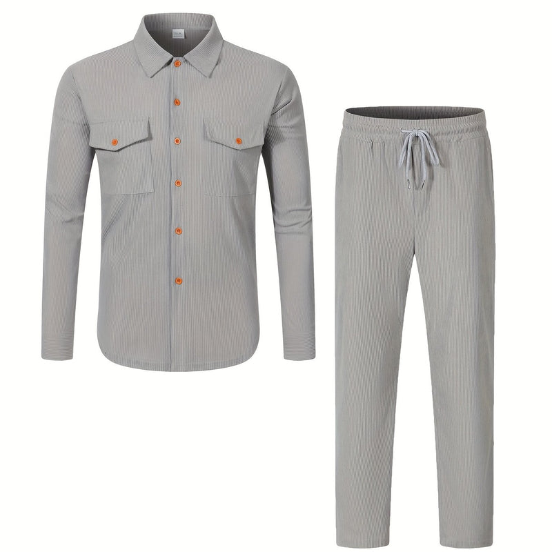 Men'S Casual Two-Piece Set - Olive Green Corduroy  Shirt & Pants.