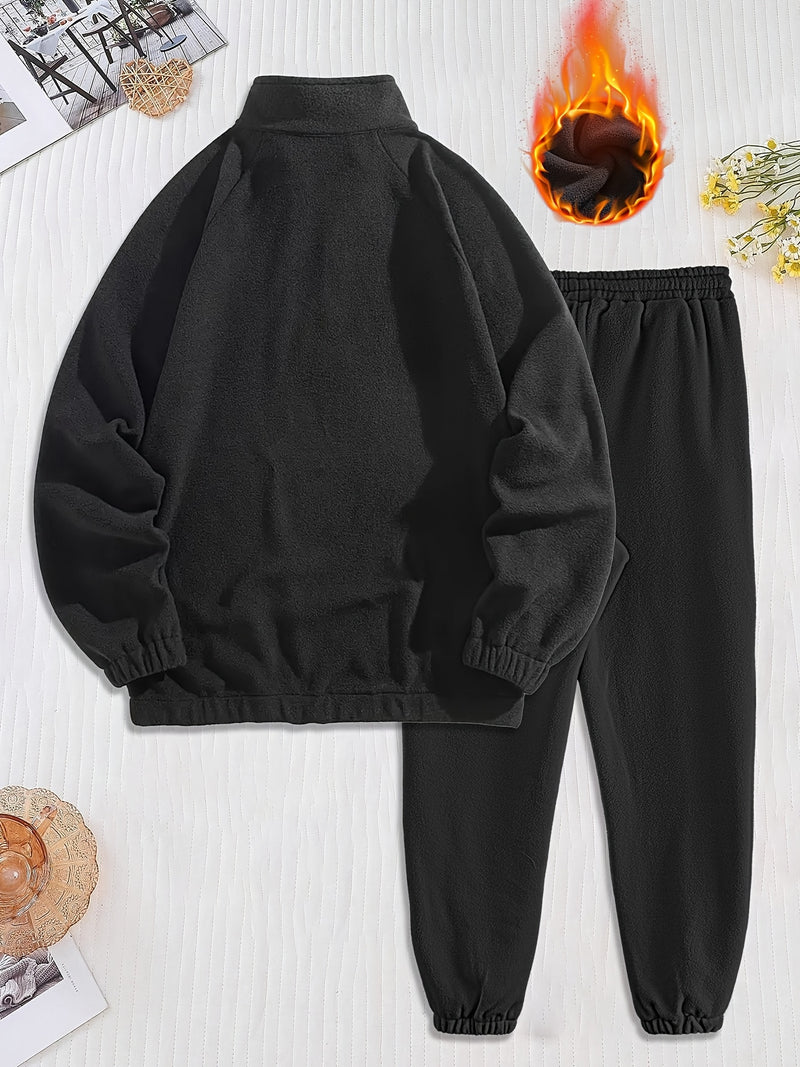 Men's Winter Set with Fleece-Lined Stand Collar Zip-Up Hoodie and Drawstring.