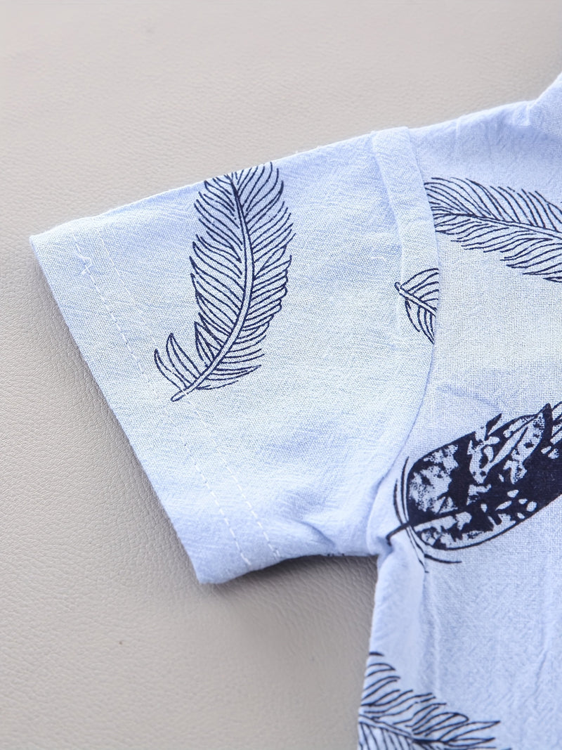 2pcs Boys' Casual Feather Shirt and Shorts Set Vibrant Yellow with Blue Accents.