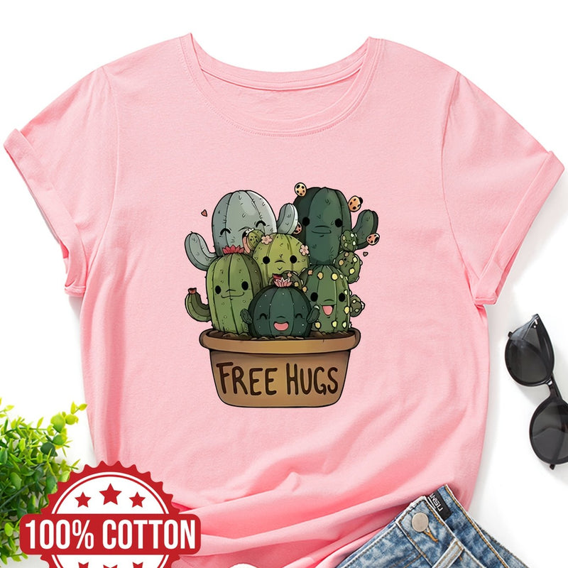 Women's "Free Hugs" Slogan T-Shirt.