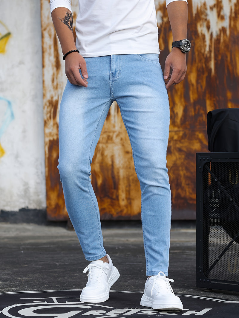 Men's Stretch Skinny Jeans - Light Blue Washed Street Style.