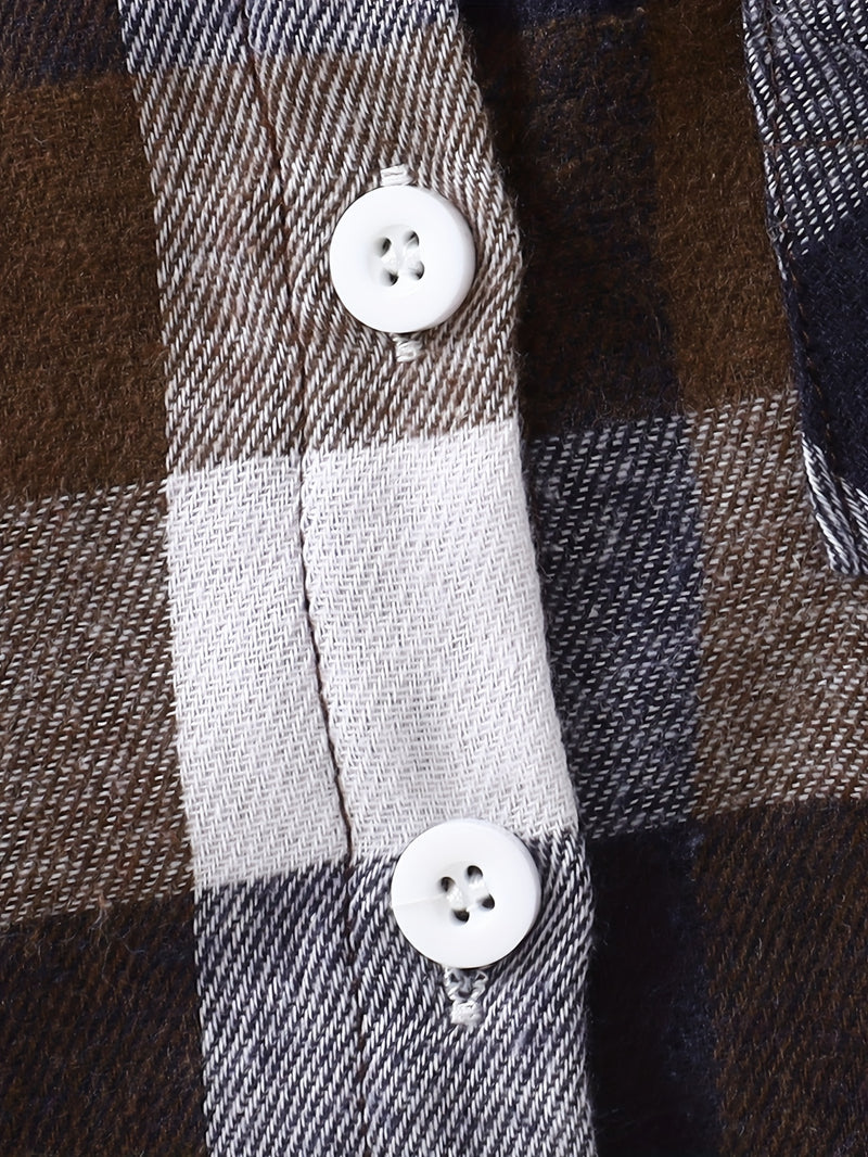 2pcs Boys Cotton Plaid Lapel Collar Button-Front Lapel Shirt & Pocket Pants.