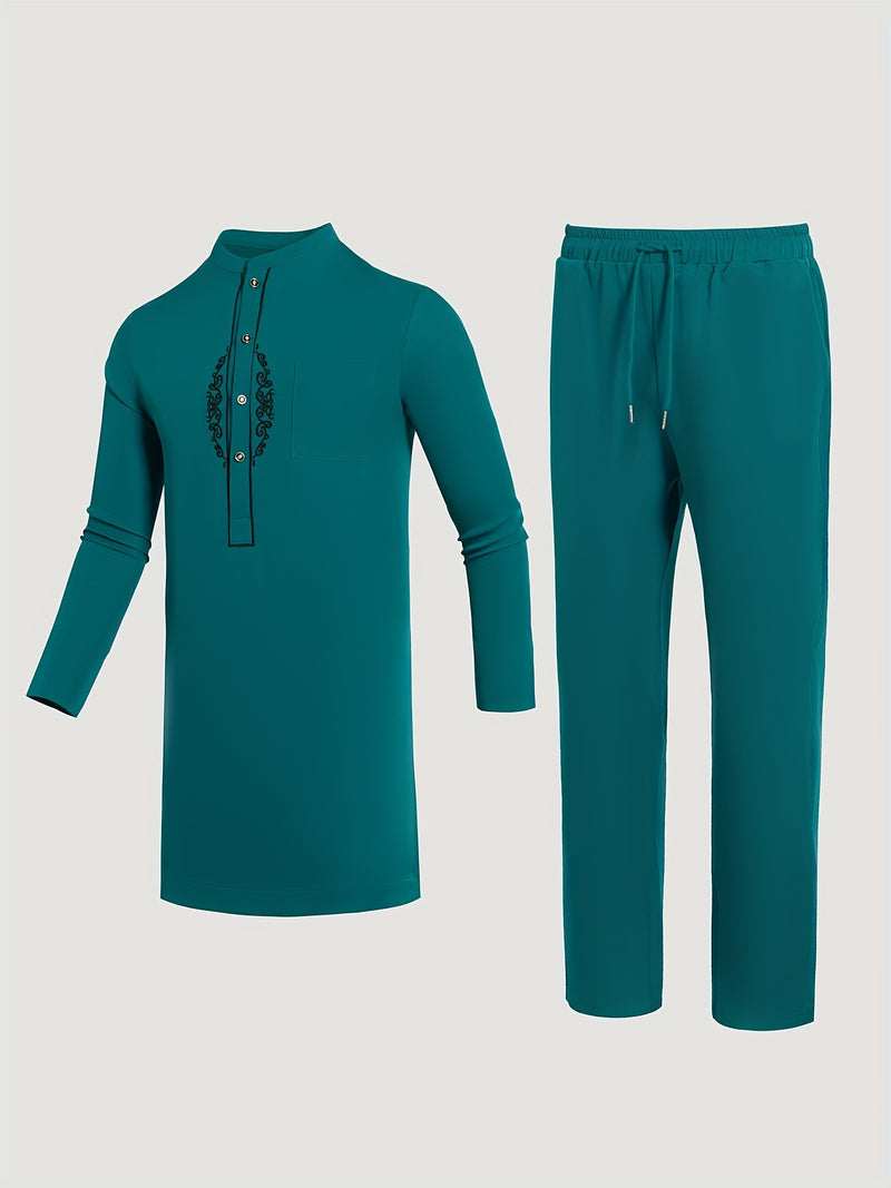 Men's Dashiki Set, Long Sleeve, Stand Collar, Button-Up, Pockets.