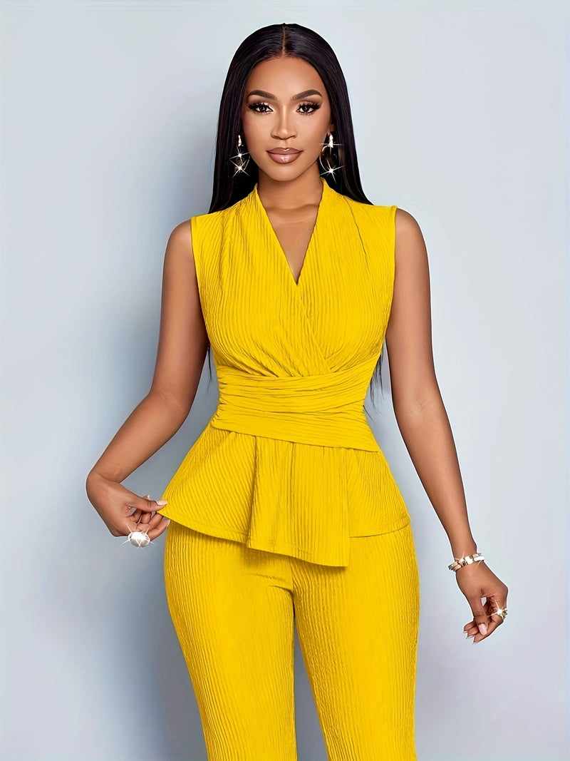 Women's Elegant V-Neck Sleeveless T-Shirt and Wide-Leg Pants 2pcs Set.