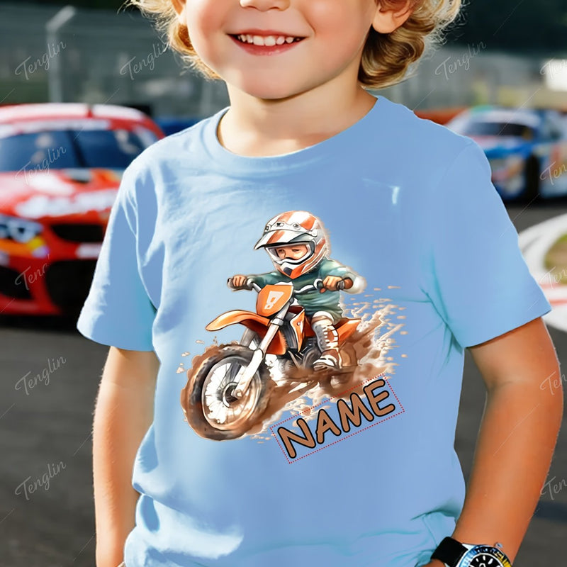 Custom Motorcycle Print Short Sleeve T-Shirt for Boys and Girls.