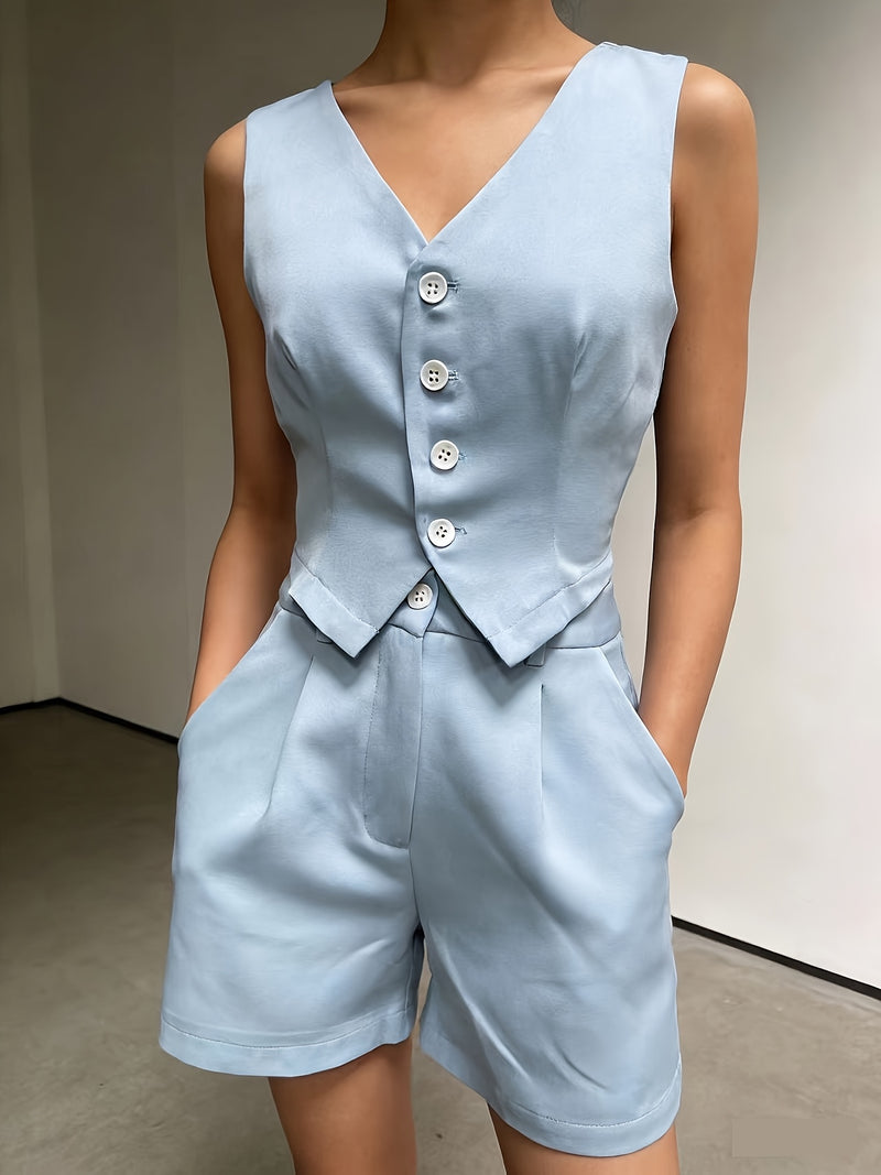 A Solid Color V-Neck Tank Top And Shorts Set for Women.