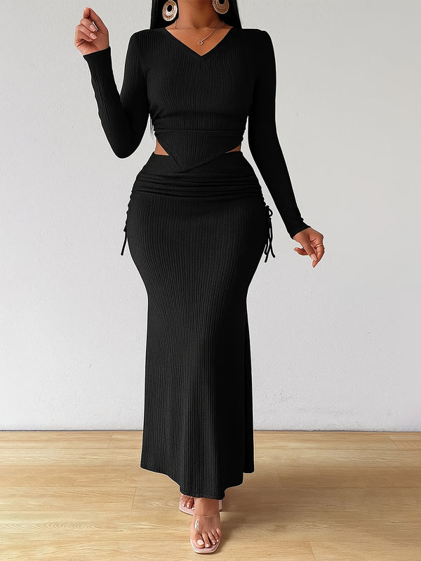 Women's 2pcs Long Sleeve V-Neck Top + Mid-Length Waist-Cinching Side-Tie.