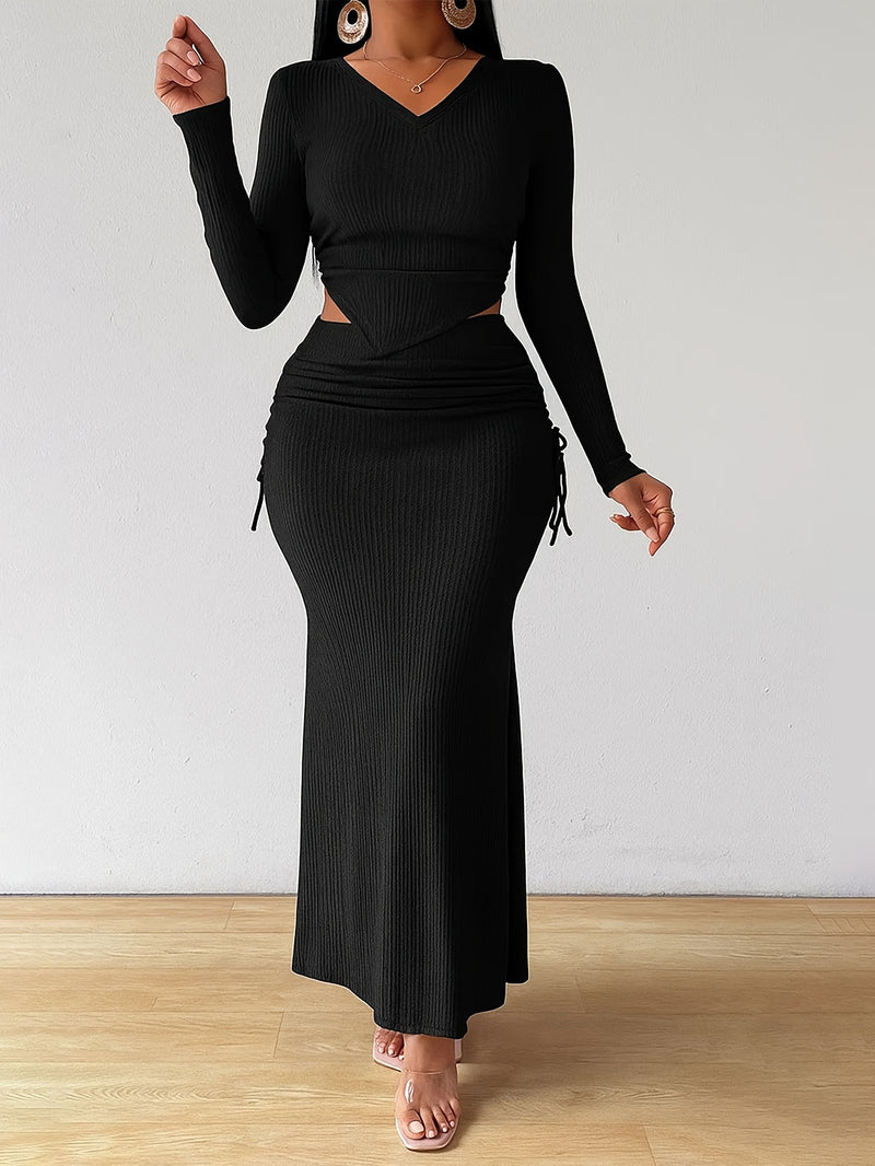 Women's 2pcs Long Sleeve V-Neck Top + Mid-Length Waist-Cinching Side-Tie.