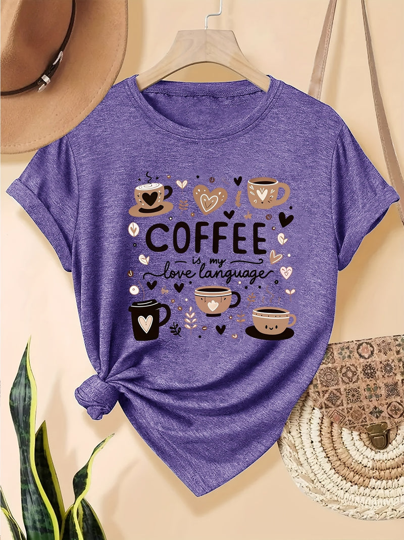Elegant Women's Short-Sleeve T-Shirt with Coffee-Themed Prints.