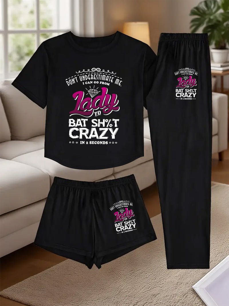 A Three-Piece Women's Loungewear Set, Featuring a Printed Design.