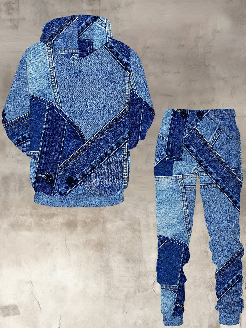 New Blue Denim Patchwork Style Pattern Digital Print Sportswear Set Hooded.