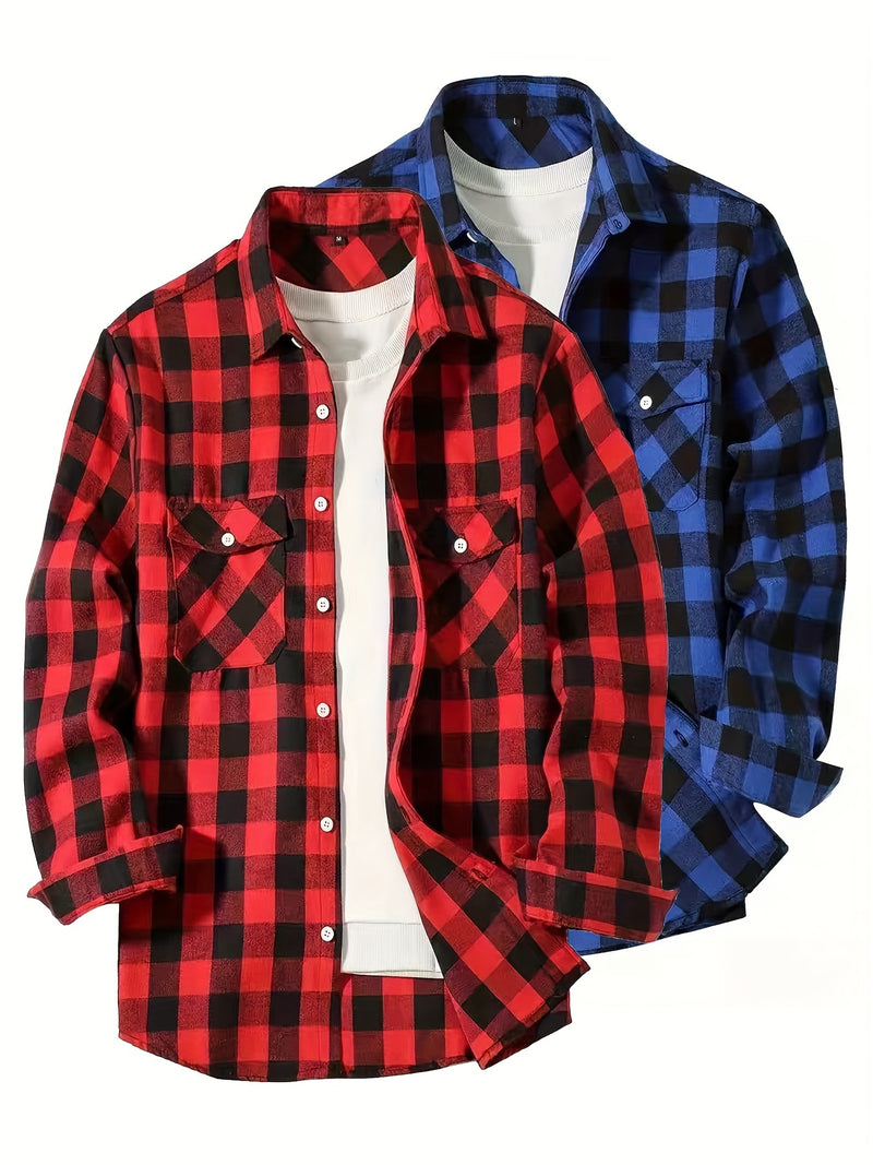 3pcs Men's Plaid Shirt Top with Turn- Collar Long Sleeve Button-Up.