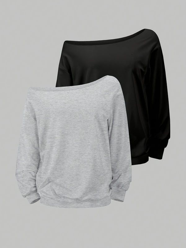2pcs/Set Plus Size One-Shoulder Sweatshirt for Women’s