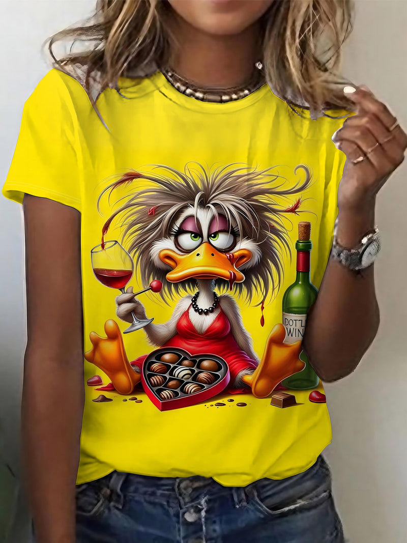 A Short-Sleeved Shirt Featuring a Casual Duck Wine Chocolate Design, Perfect for Women.