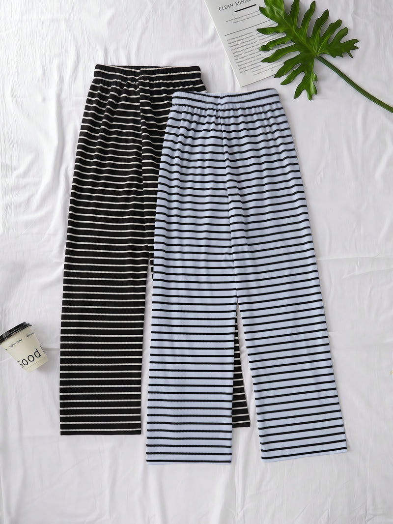 Women's Two-Piece Set Featuring a Classic Black And White Striped Theme.