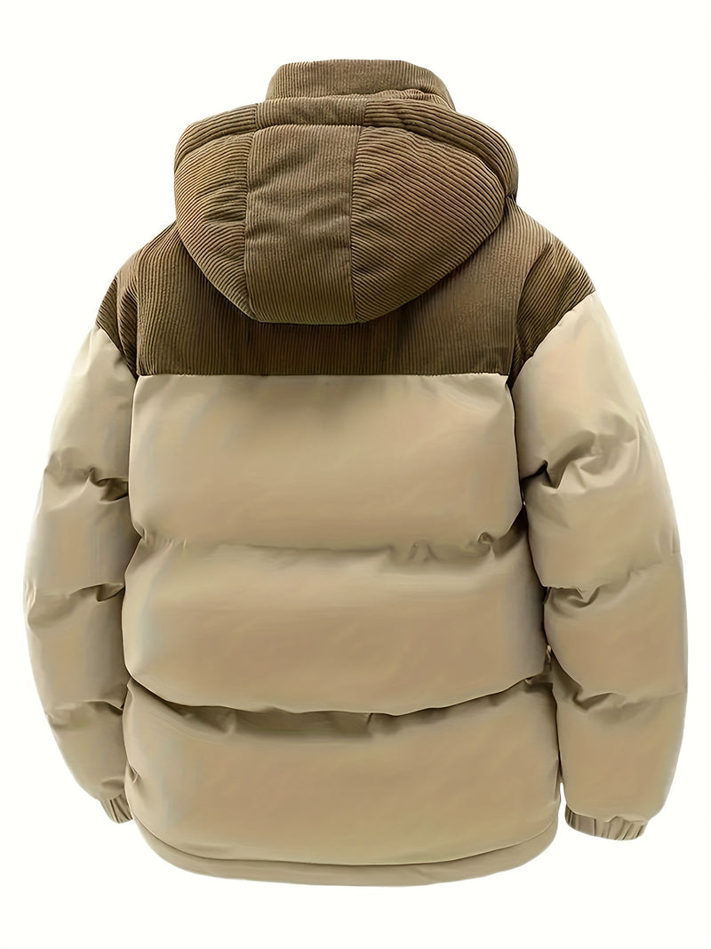 Men'S Thickened Winter Jacket with Corduroy Patchwork And Hood.