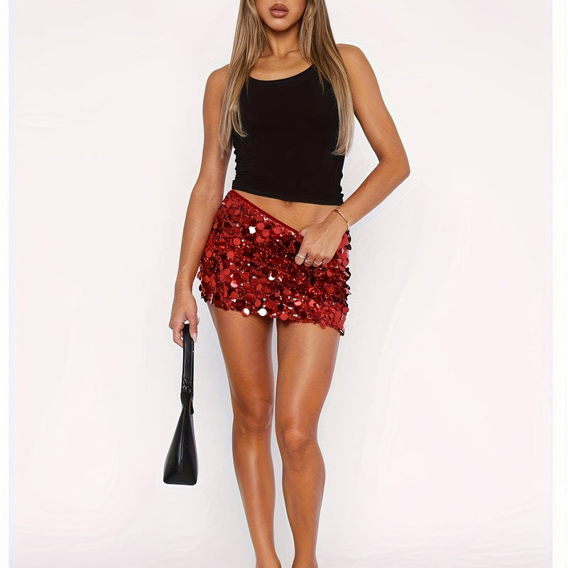 Golden Sequin Mini Skirt, Fitted And, Perfect for Party Wear for Women.