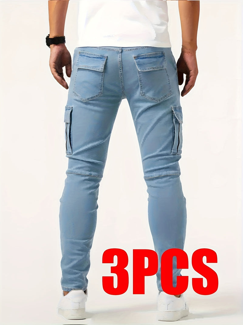 Men's Casual Multi-Pocket Stretchy Denim Pants Set of Three.