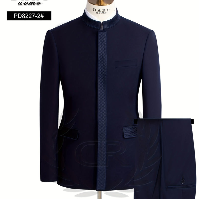 2pcs Men's Casual Zhongshan Suit with Stand Collar.